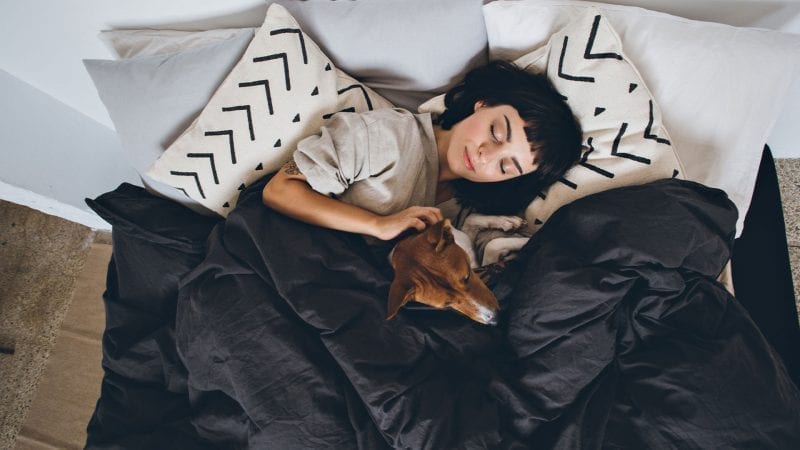 Junge Frau im Bett mit Hund