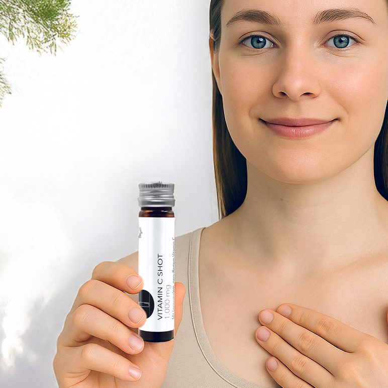 Eine Frau hält ein Vitamin C Shot in der Hand.
