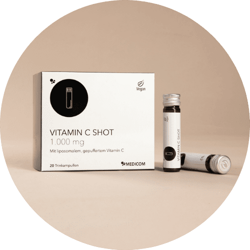 Vitamin C Shot. Die Packung mit den Trinkampullen von Medicom. Vitamin C Shot 1000 mg